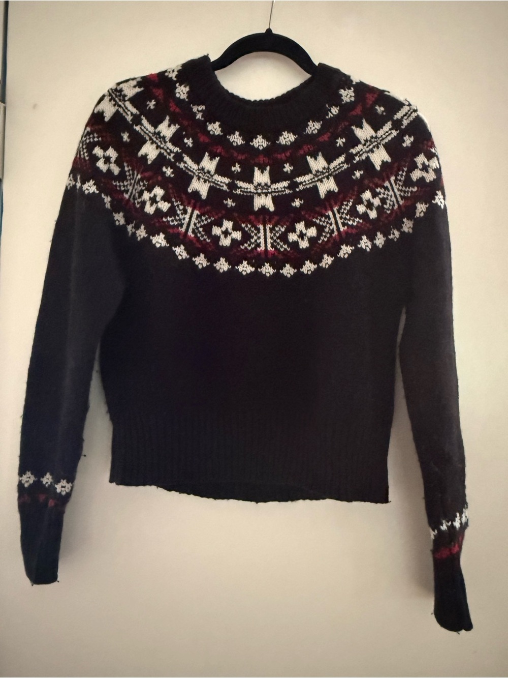 Ralph Lauren Black Fair Isle Crewneck Sweater with White & Burgundy Accents